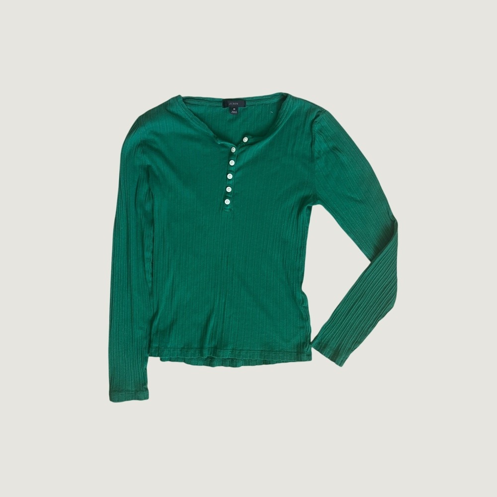 J Crew Womens Medium Green Ribbed Long Sleeve Henley Top Button Front
